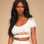 Lulus White Ivory Cute and Cuddly Pointelle Cutout Puff Short Sleeve Crop Top Photo 0