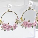 Women's Pearl Pink Crystal Flower Dangle Drop Hoop Earrings Gold Photo 0
