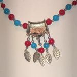 Turquoise Color and Red Beaded Boho Silver Tone Feather Necklace Blue Photo 4