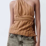 ZARA  One Shoulder Brown Striped Beaded Tie Waist Sleeveless‎ Blouse Size S NWT Photo 0