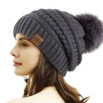 Winter Cozy Warm Pom Pom Dark Gray Beanie Soft Fleece Lined Slouchy Skiing NWT Photo 0