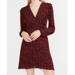 EXPRESS Black Red Rose Floral Pleated Long Sleeve V Neck Dress XL Photo 8