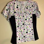 Cherokee Small Pink Black and Lime Green Polka Dot Scrub Top Photo 0