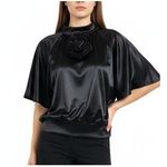 Ember Blouse Women's Black 3D Flower Short Bell Sleeve Chic Elegant Size M Size M Photo 0