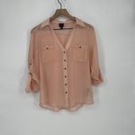 2b Bebe Sheer Peach Button Down Shirt Roll Tab Sleeves Pockets Size S Pink Photo 1