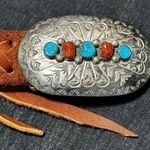 Thomas Carved Sterling Silver Turquoise Coral Navajo Tobacco Suede Belt Blue Photo 0