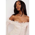 House Of CB  Astrid Ivory Chiffon Ruffle Bardot Ruched Mini Dress Size L+ Photo 4