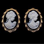 Anthropologie New! Black & White Gold Trim Portrait Cameo Oval Vintage Style Fun Earrings New Photo 2