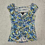 Ruched Floral Ribbed Cap Sleeve Top Blue Yellow Green Flowers Medium Photo 6