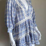 Free People  Boho Lace Crotchet Plaid Puff Sleeve Top Photo 0