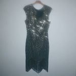 Fundaisy XL Flapper 20s Gatsby Midi Dress Sequins Fringe Capped Sleeves Gold Photo 10