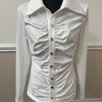 Chic Me  White V Neck Button Up White Slim Blouse Photo 0