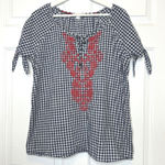 Westport 1962  Gingham Embroidered Tunic Top XL Navy White Red Tie Sleeves Photo 0