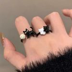 Cat Lovers Black White Cat Cuff Rings 2 Pc Set‎ Simple Adjustable Open Ring Photo 0