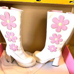 Dolls Kill  Sugar Thrillz 10 GoGo White and Pink Flowers Heeled Zip Boots Photo 0