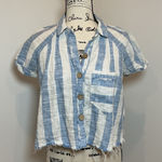 We The Free Striped Button Up Cropped Shirt Blue White Frayed Raw Hem Size Small Photo 0