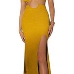 Fashion dress maxi cut out split thigh high halter neck yellow large NWT Photo 0