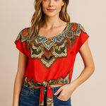 Walker Boutique Boho Floral Tie Front Crop Top Red Multicolor Festival Size S Photo 0