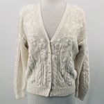 Vintage 90s Cardigan Floral Cable Knit Pattern Pearl Buttons Cotton Ramie Ivory White Size M Photo 2