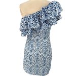 Lilly Pulitzer  Sundea One Shoulder Eyelet Ruffle Dress Blue White Size 2 Preppy Photo 4