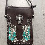 American Bling Western Leather Embossed Turquoise‎ Cross Studded Crossbody Bag Photo 1