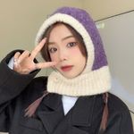 NWOT Purple Beige Button Balaclava Winter Knit Hoodie Hood Hat Photo 4