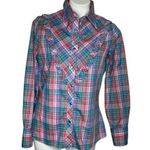 Wrangler Authentic Western Shirt For Females Plaid Pink Blue Vintage 70s Ruffled Photo 0