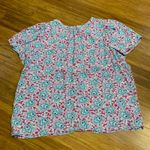 Loft  Womens Floral Print V Neck Short Sleeve Blouse Top Size XL Pink Blue Button Photo 3