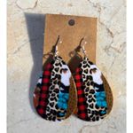 Cowgirl Set Of 3 Pairs Of Earrings: Teardrop Faux Leather & Studs With Cow Print Red Photo 4