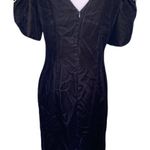 Vintage 80s Michael Marcella Black Velvet Dress Puff Sleeves Gold Knee Length 10 Photo 1