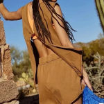 FP movement muscle tee khaki sand open back sleeveless oversized top twist Tan Size M Photo 0