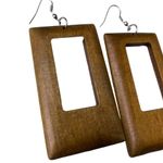 Handmade Rectangular Wooden Dangle Earrings With Cutout Design u Brown Photo 2