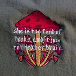 Book Mushroom Olive Green Embroidered Crewneck Womens Sweatshirt Size Small Fall Photo 3