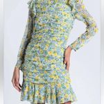 Veronica Beard  Ruched Floral Silk Chiffon Mini Long Sleeve Dress 6 Yellow Blue Photo 11
