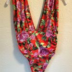 ZARA red pink green rose floral flower tropical ruched draped bodysuit S Photo 12