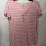 SO  Pink & White Striped Lace-Up Short Sleeve Top Soft Relaxed Fit Size Small Photo 0