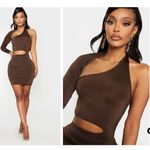 Pretty Little Thing Plt  Shape Brown Slinky Cut Out One Sleeve Bodycon Dress size 6 Photo 1
