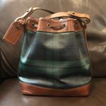 Ralph Lauren  Black Watch Plaid Leather Drawstring Bucket Tote Shoulder Bag Photo 1