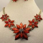 Vintage Flower Pot Bloom Red/Orange Fall Rhinestone Statement Necklace Earring Orange Photo 9