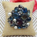 Vintage Mid Century Rhinestone & Faux Pearl Brooch Pin Silver Tone Floral 2" Black Photo 0