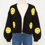 Luna  Ivy Smiley Face Cardigan Womens XS Black Yellow Knit Sweater Emoji‎ Cottage Photo 0