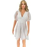 Lulus  White Gingham Puff Sleeve Dress Large Cottagecore V-Neck Open Back Bow Photo 0