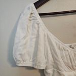 Olivaceous Crop Top White Puff Sleeve Keyhole Tie Front Neutral Summer Spring Photo 3