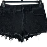 American Eagle SZ 10 Hi-Rise Shortie Jean Shorts Floral Crochet Frayed Hem Black Photo 0