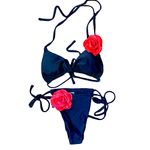 NWT Floral Appliques Halter Triangle‎ Tie Side Thong Bikini Photo 4