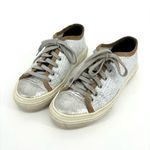 P448 Sally Low Top Sneakers Size 7 Reptile Print White Tan Metallic Photo 0