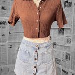 ZARA Chocolate Brown Textured Cropped Button-Front Blouse Y2K Minimalist XS Photo 0