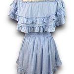 INDIKAH Off Shoulder Ruffle Mini Dress Smocked Waist Lined Light Blue Size XS Photo 4