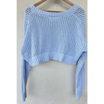 Aerie Offline by Cropped Open-Knit Blue V-Neck Sweater Long Sleeve Lounge Layer Photo 2