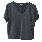 Athleta  Women's Large Black White Stripe V-Neck Short Sleeve Tee Shirt Cotton Photo 0